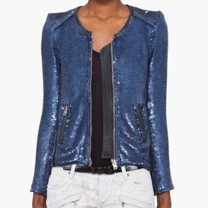 IRO Sequin Dylan Moto Jacket Size XS Blue Sparkle Party